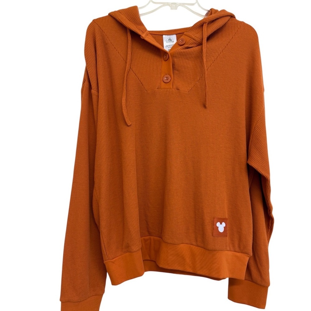 Disney Mickey Mouse Waffle Knit Henley Hoodie Burnt Orange Medium